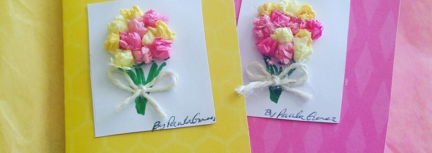 Pink and yellow handmade tissue paper bouquet cards on cardstock