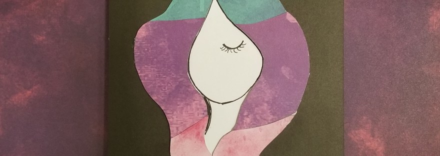 Handmade card of woman with tri-color hair made of patterned cardstock